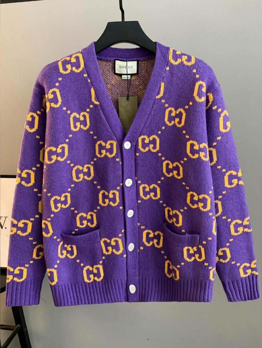GUCCI Purple Logo Jacquard V-Neck Cardigan